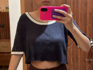 Navy Cropped Knit Top with White Trim