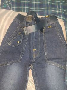 Boys Plaid Shirt and Denim Jeans Set with belt