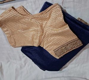Elegant Navy &amp; Gold Saree With Stitched Blouse