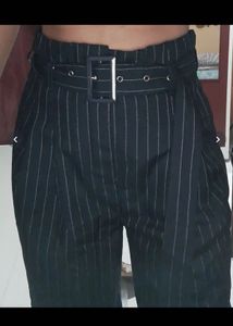 Navy Blue Pinstripe Pleated Trousers