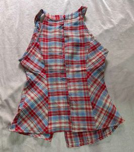 Red &amp; blue plaid halter top with asymmetrical pl