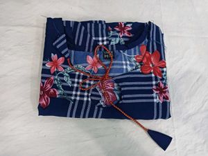 Stylish Navy 🆕🎁Blue Checked Kurta with Floral Pr