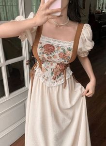 Vintage Floral Print Square Neck Gown
