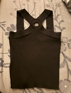 Chic Black Ribbed Tank halter Top with Ring Detail