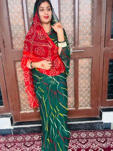 Beautiful Green Saree with Red Dupatta