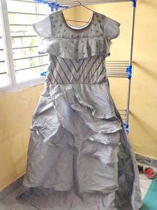 Elegant Grey Ruffled Ethnic Gown