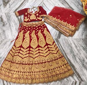Bridal Red Velvet Lehenga Choli with Golden Embroi