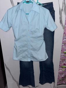 Light Blue Short Sleeve Button-Up Shirt And Dark B
