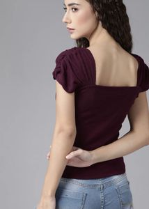 Maroon Puff Sleeve Ribbed Top
