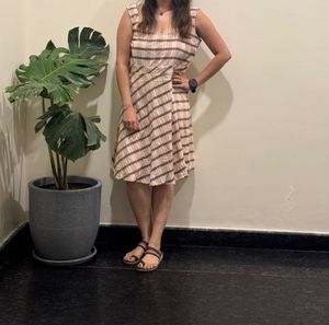 Cream And Brown Plaid Dress