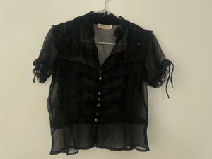 Sheer Black Lace Trim Short Sleeve Blouse