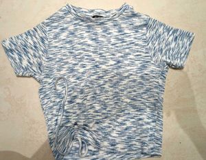 Blue &amp; White Textured Crop Top