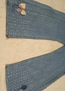High-Waist Wide-Leg Jeans Pearl &amp; Bow Detailing