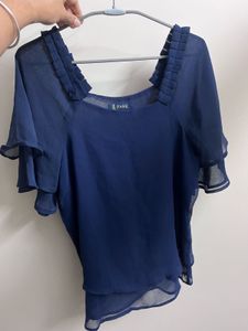Chic Navy Blue Ruffle Neck Sheer Top