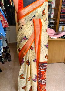 Cream Butterfly Print Saree with Orange Border