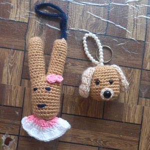 Handmade Crochet Dog &amp; Bunny Keychain Set
