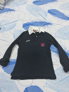 Black Long Sleeve Polo Top with Graphic Detail