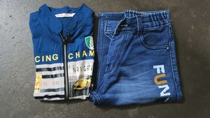 Kids Blue Racing Print Vest &amp; Denim Shorts Set
