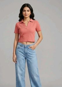 Coral Cropped Polo Top