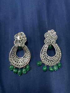 Elegant White Stone &amp; Emerald Dangle Earrings