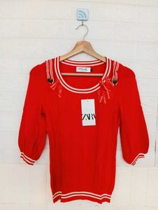 Chic Red Knit Top with Bow Details