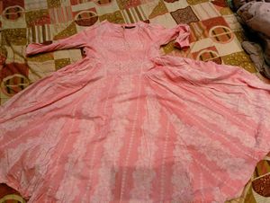 Pink Cotton Kurta with White Lace Details
