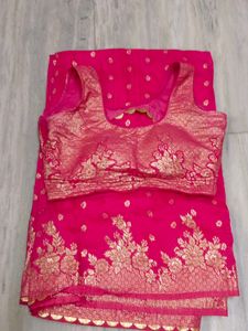 Stunning Pink Saree with Golden Blouse