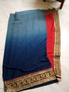 Red &amp; Blue Saree with Golden Border