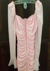 Cute Pink Ruched Mesh Sleeve Dress