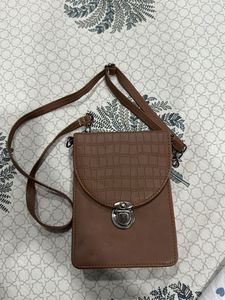 Brown Faux Leather Croc Texture Crossbody Bag