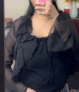 Sheer Black Ruffle Tie-Front Crop Top