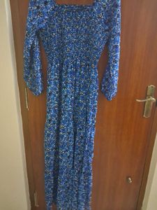 Blue Floral Smocked Square Neck Maxi Dress