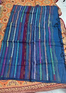 Beautifully Designed Kantha Stitch Blue Saree