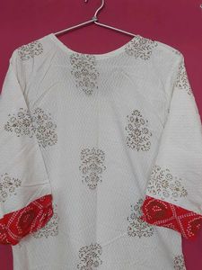 White and red kurti set with dupatta, Pant