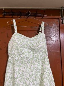 White Green Leaf Print Sundress