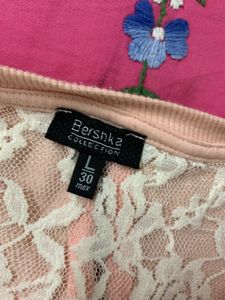 Pink White Lace Full Sleeve Tshirt