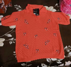 MAX Coral Knit Top with Floral Details