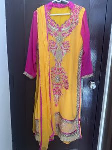 Elegant Yellow &amp; Pink Embroidered Suit
