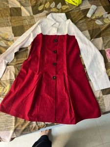 Red Pinafore Dress with White Blouse