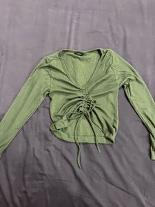 Ruched V-Neck Ribbed Long Sleeve Top