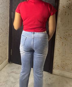 Light Wash Denim Jeans with Pearl Embellishments