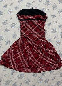 Red Plaid Strapless tube Mini Dress
