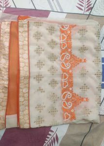 Embroidered Cream &amp; Orange Saree