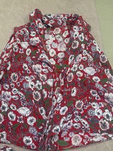 Red Floral Print Button-Up Blouse