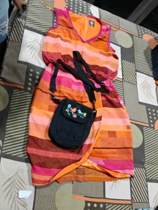 Colorful Striped V-Neck Wrap Dress and bag free