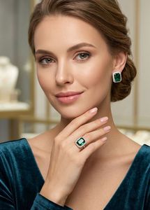 New Elegant Emerald Ring & Earrings Set