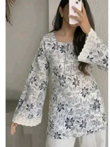 Floral Print Kurta with Lace Sleeves