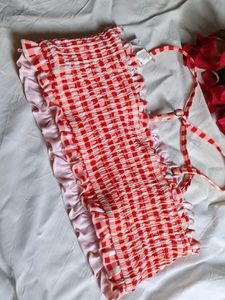 Red Gingham Smocked Bikini Top