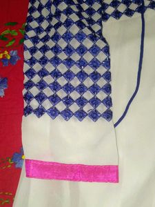 Elegant White Anarkali with Blue Checkered Bodice