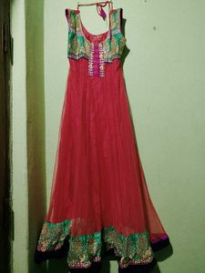 Elegant Red &amp; Teal Embroidered Gown